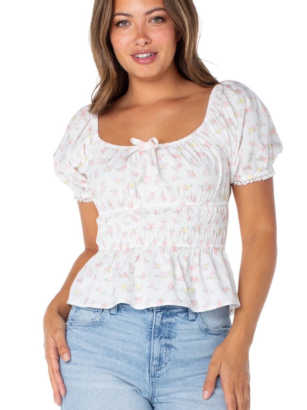 Celebrity Pink White Floral Smocked Peplum Crop Top NWOT